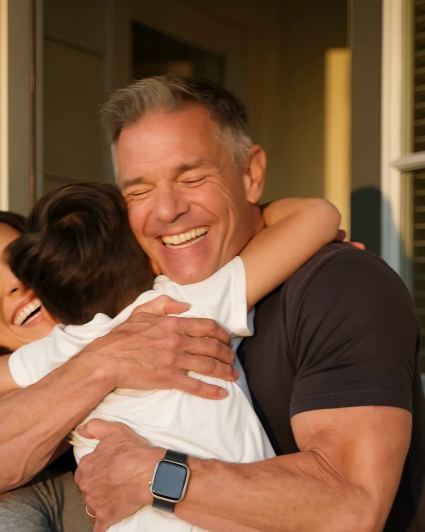 A grandfather hugging his grandson